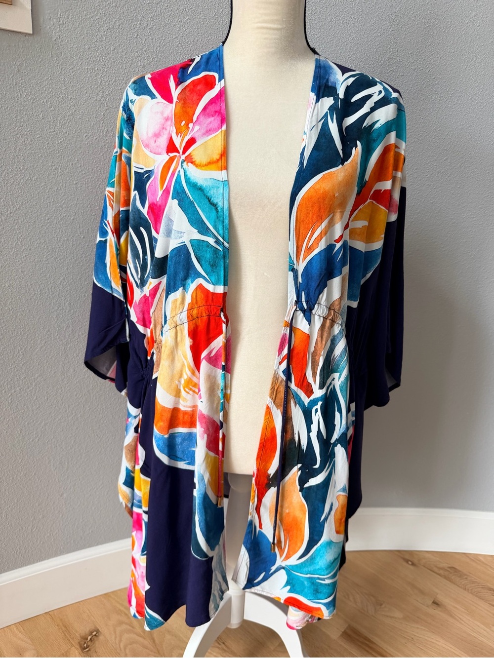 La Blanca Petals Watercolor Floral Tie-Front Kimono Caftan Cover-Up OS - Picture 2 of 11